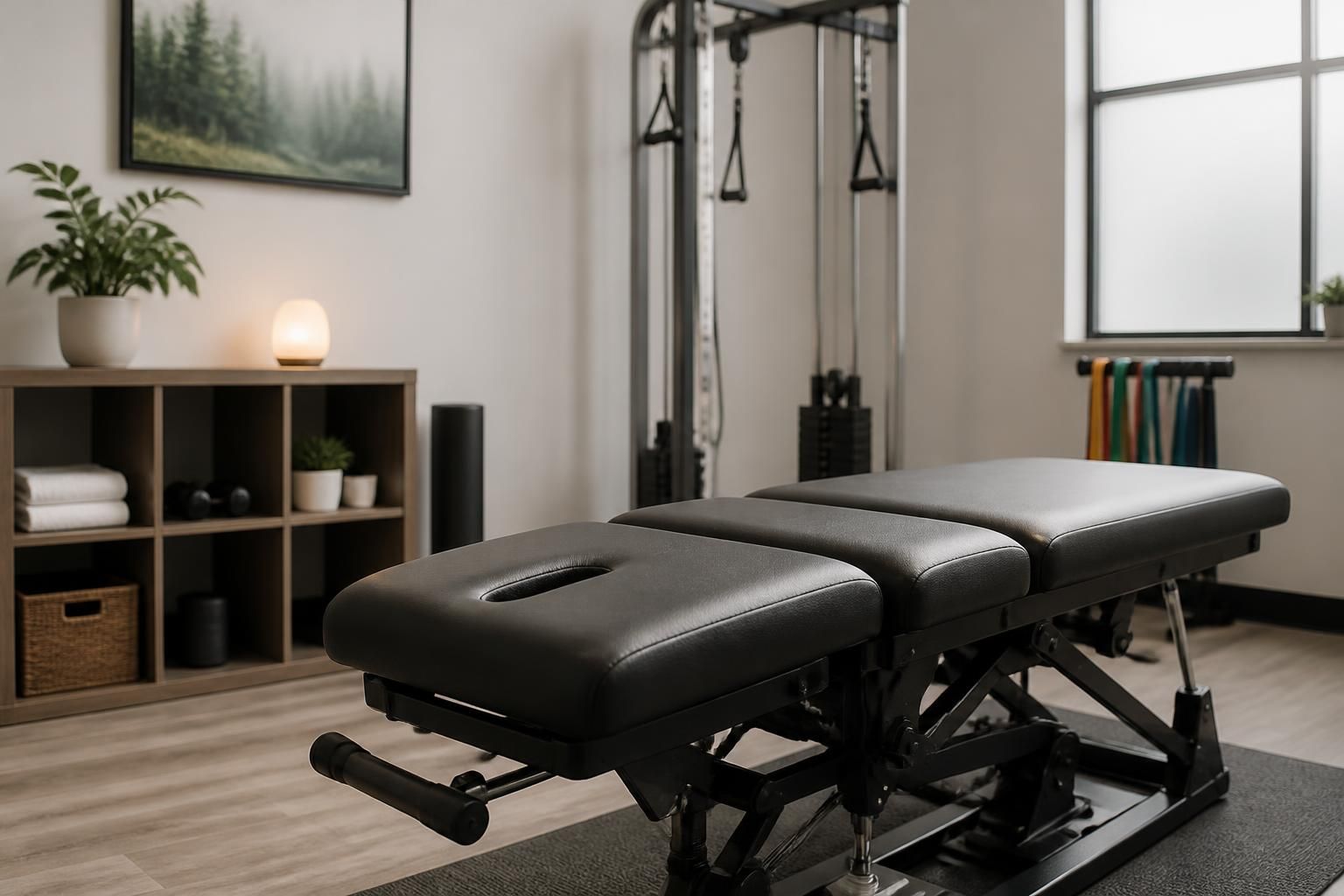 Modern chiropractic rehab room with supportive treatment equipment.