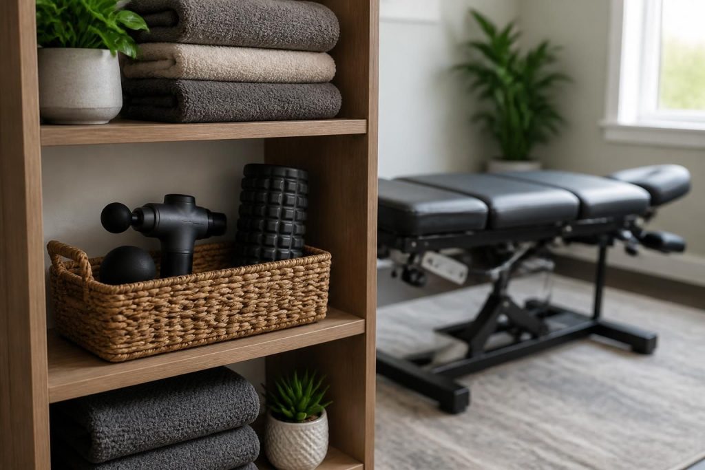 Neatly arranged wellness essentials beside a finished chiropractic treatment space.