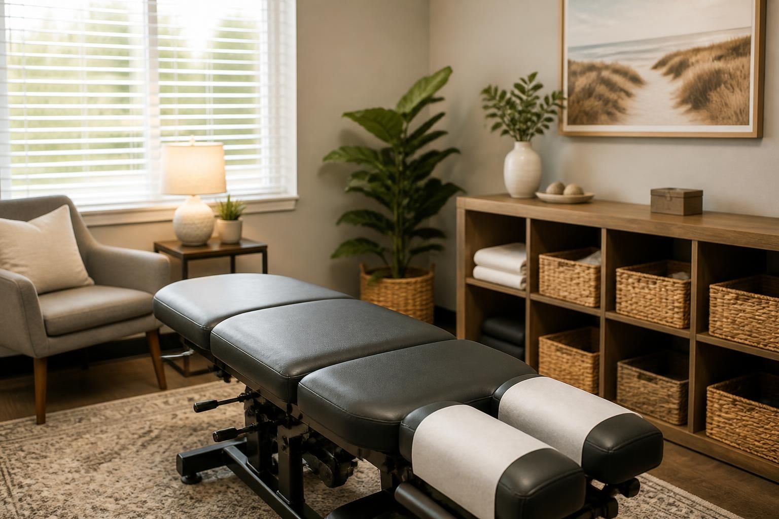 Gentle family-focused chiropractic room with warm, welcoming atmosphere.