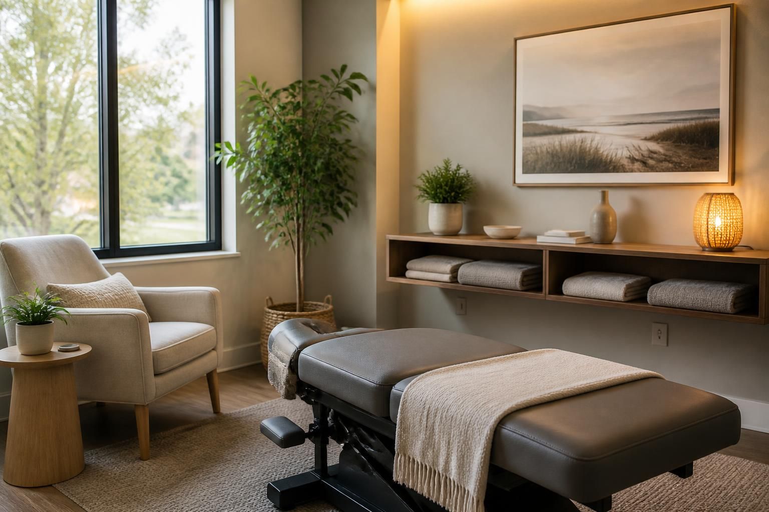 Welcoming family wellness room in a modern chiropractic clinic.