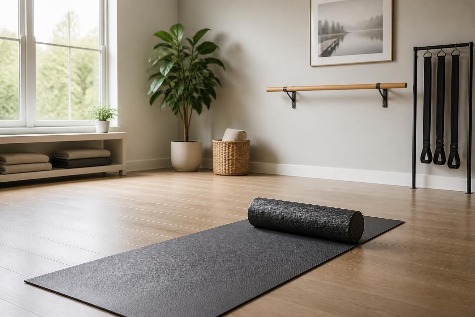 Bright stretch therapy room with open floor space and clean mat area.
